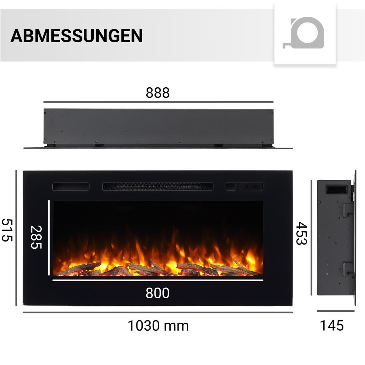 Diagramm mit Abmessungen eines schwarzen Elektrokamins. Die Abmessungen in mm umfassen Breite, Höhe und Tiefe.