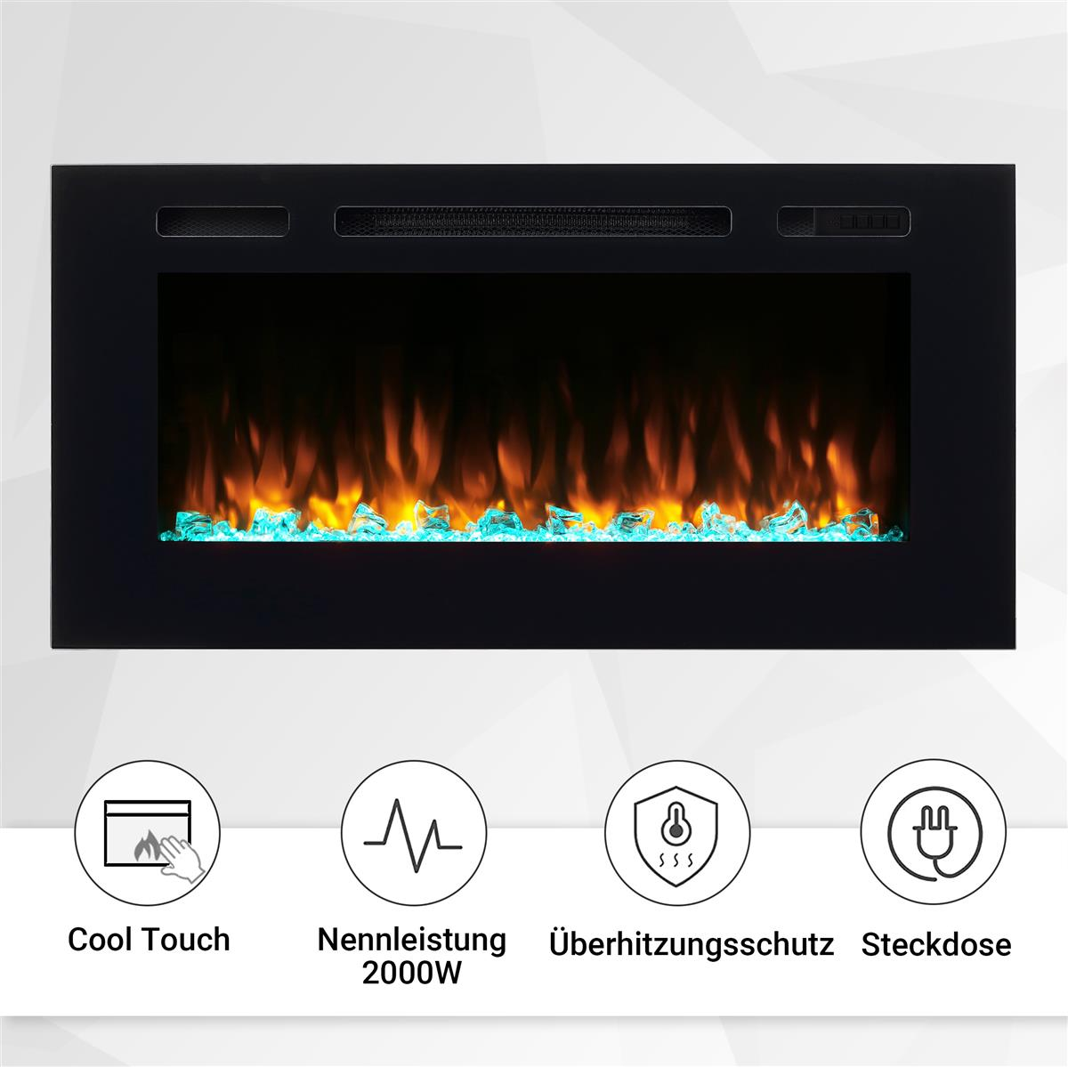 Ein schwarzer Elektro-Kamin mit orangefarbenen und blauen Flammen und Icons für Cool Touch, Leistung und Überhitzungsschutz.