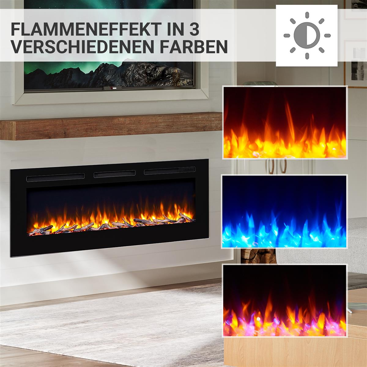 Ein Elektrokamin mit drei verschiedenen Flammeneffekten. Der Kamin steht vor einer weißen Wand mit einem Holzregal.