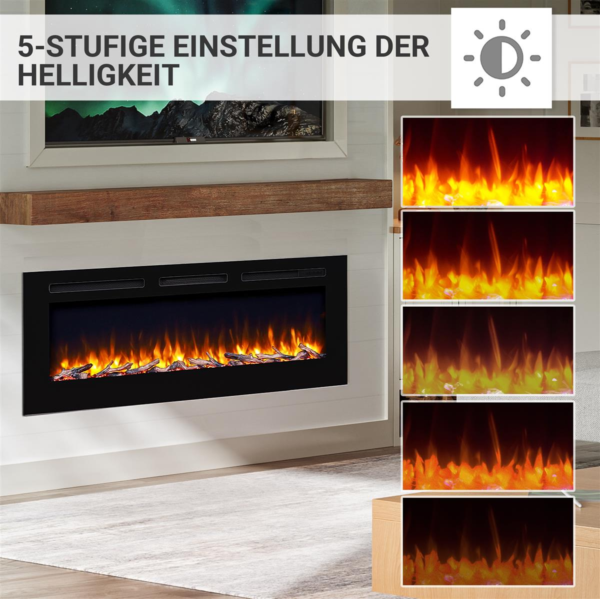 Wohnzimmer mit Kamin und Fernseher. Fünf Helligkeitsstufen werden rechts gezeigt.