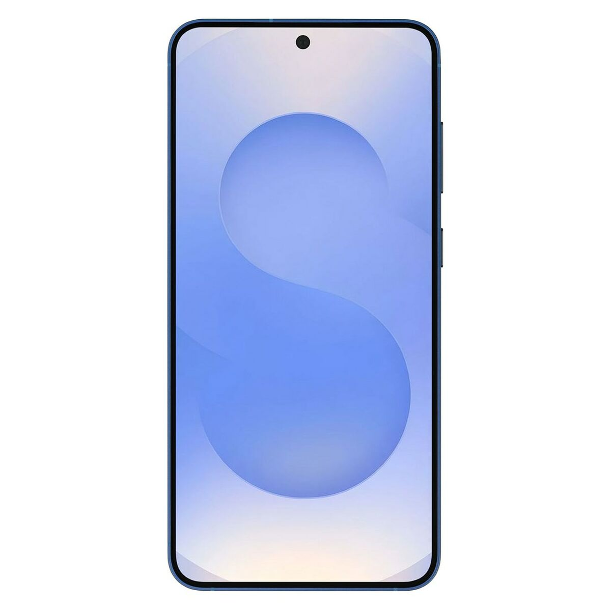Niebieski smartfon z dużym białym logo 'S' na ekranie. Pokazano przód.