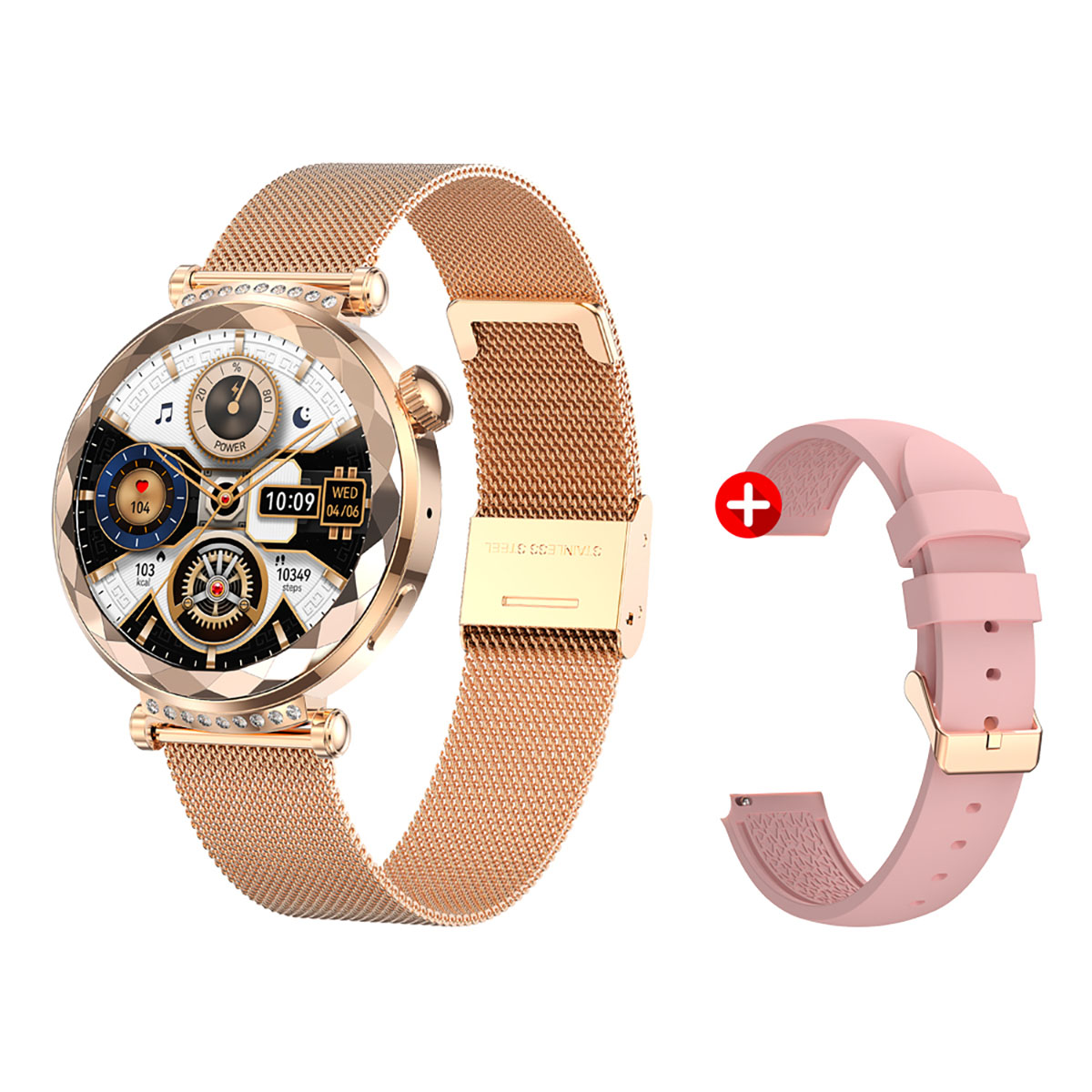 Smartwatch or rose avec bracelet rose supplémentaire.