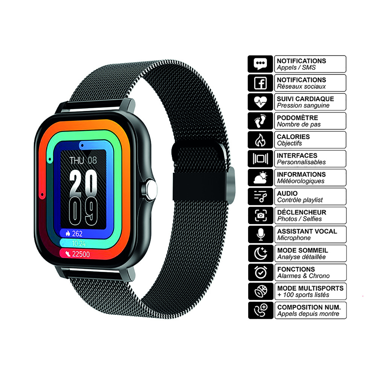 Montre connectée noire avec écran coloré. Dotée d'un bracelet en maille noire. Fond blanc.