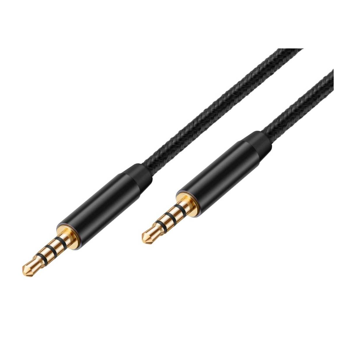 Cavo audio nero con due jack da 3,5 mm. Connettori color oro. Sfondo bianco.
