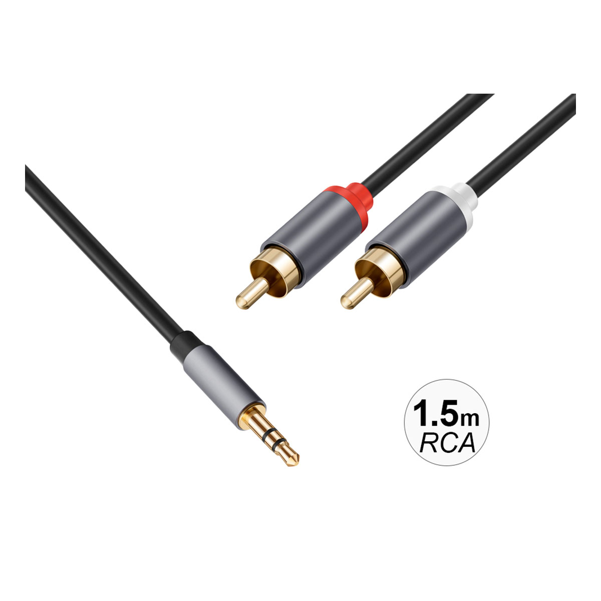 Cavo audio nero e oro con connettori RCA e 3,5mm.