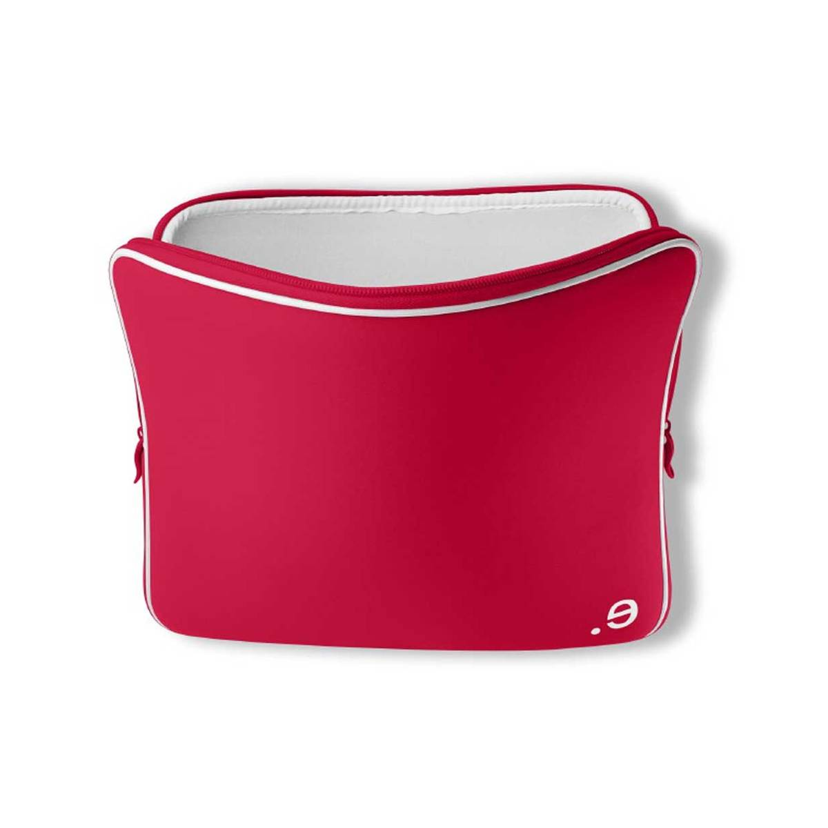 Custodia rossa per laptop con fodera bianca. La custodia è aperta. Sfondo bianco.