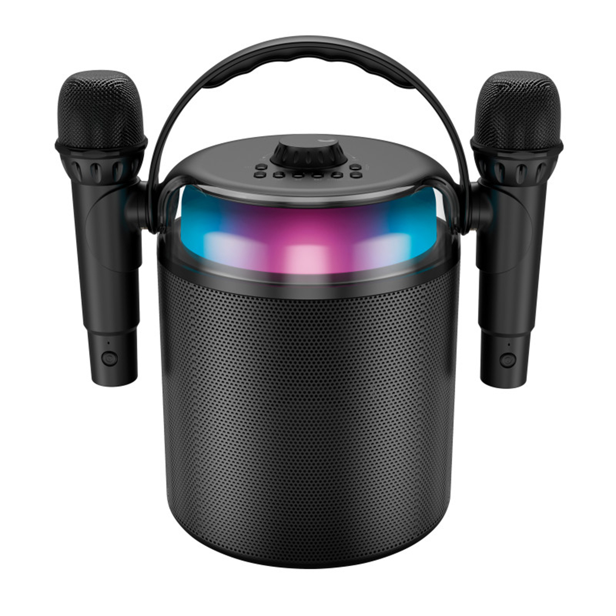 Altoparlante karaoke nero con due microfoni. Luce blu e rosa all'interno. Sfondo bianco.