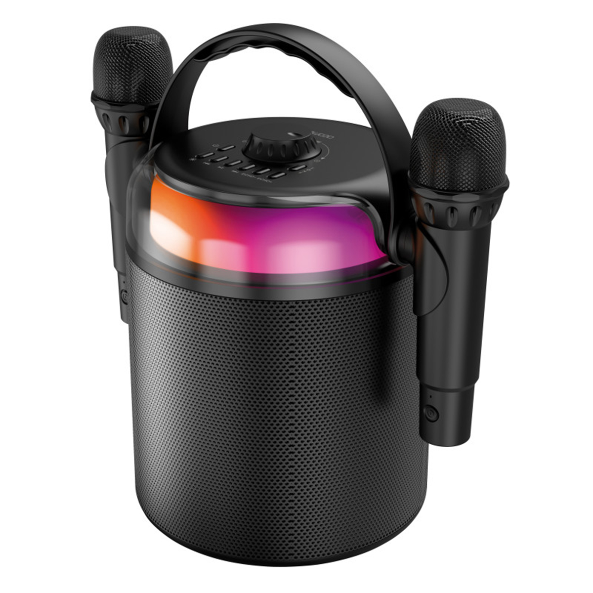 Macchina per karaoke nera con due microfoni. Ha una maniglia e un pannello di controllo, oltre a effetti luce.