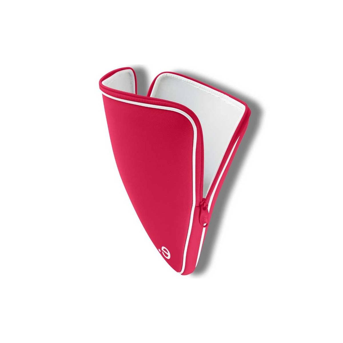 Custodia rossa per laptop con fodera bianca. La custodia è aperta. Sfondo bianco.
