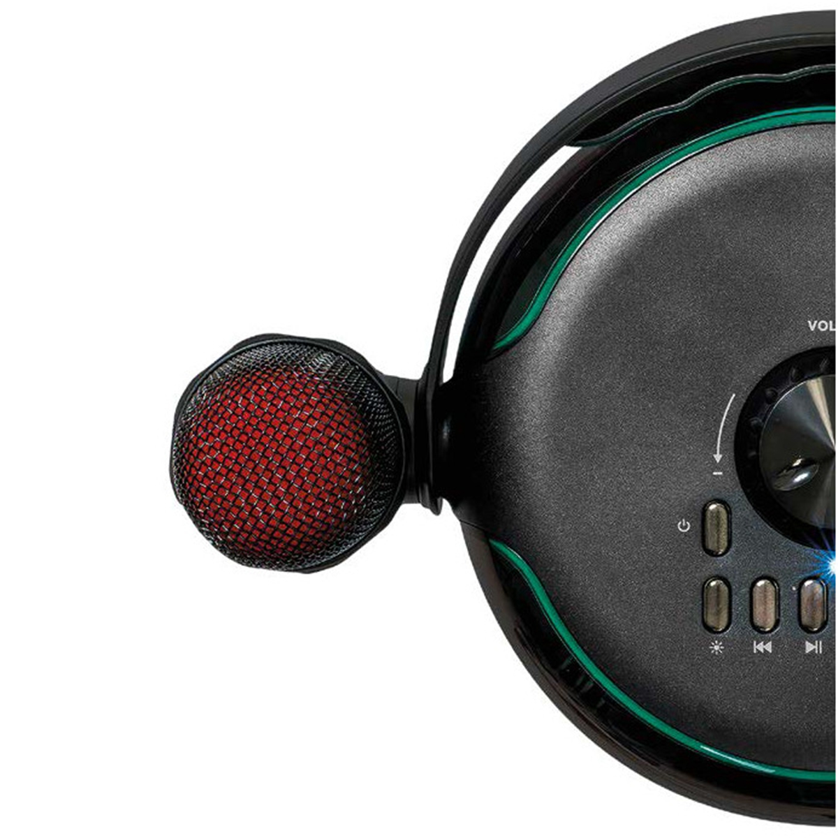 Altoparlante nero e verde con microfono. Il microfono ha una rete rossa.