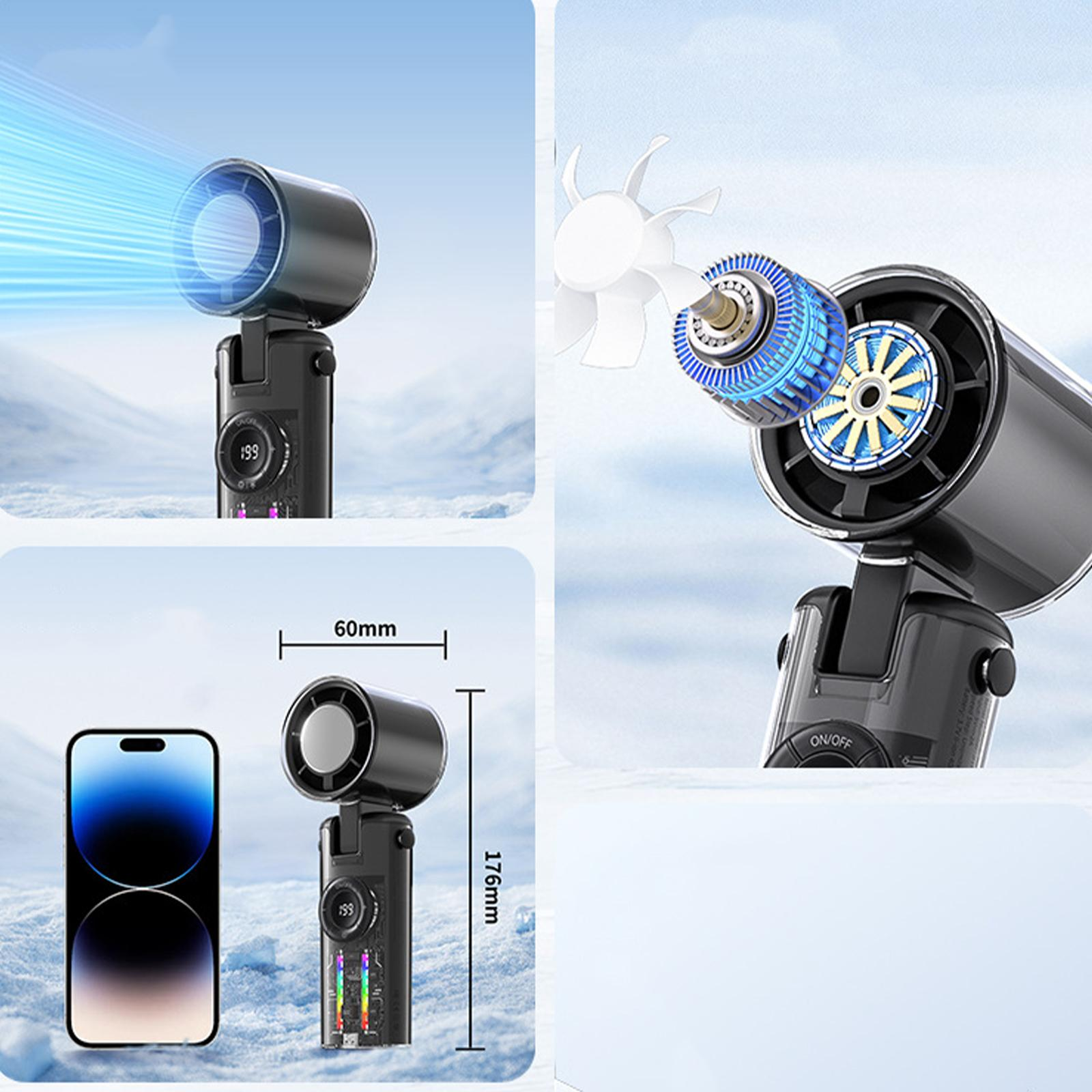 Ein tragbarer Ventilator mit drei Ansichten: mit Ventilator und Innenteilen, mit Telefon und Ventilator, und Messungen.