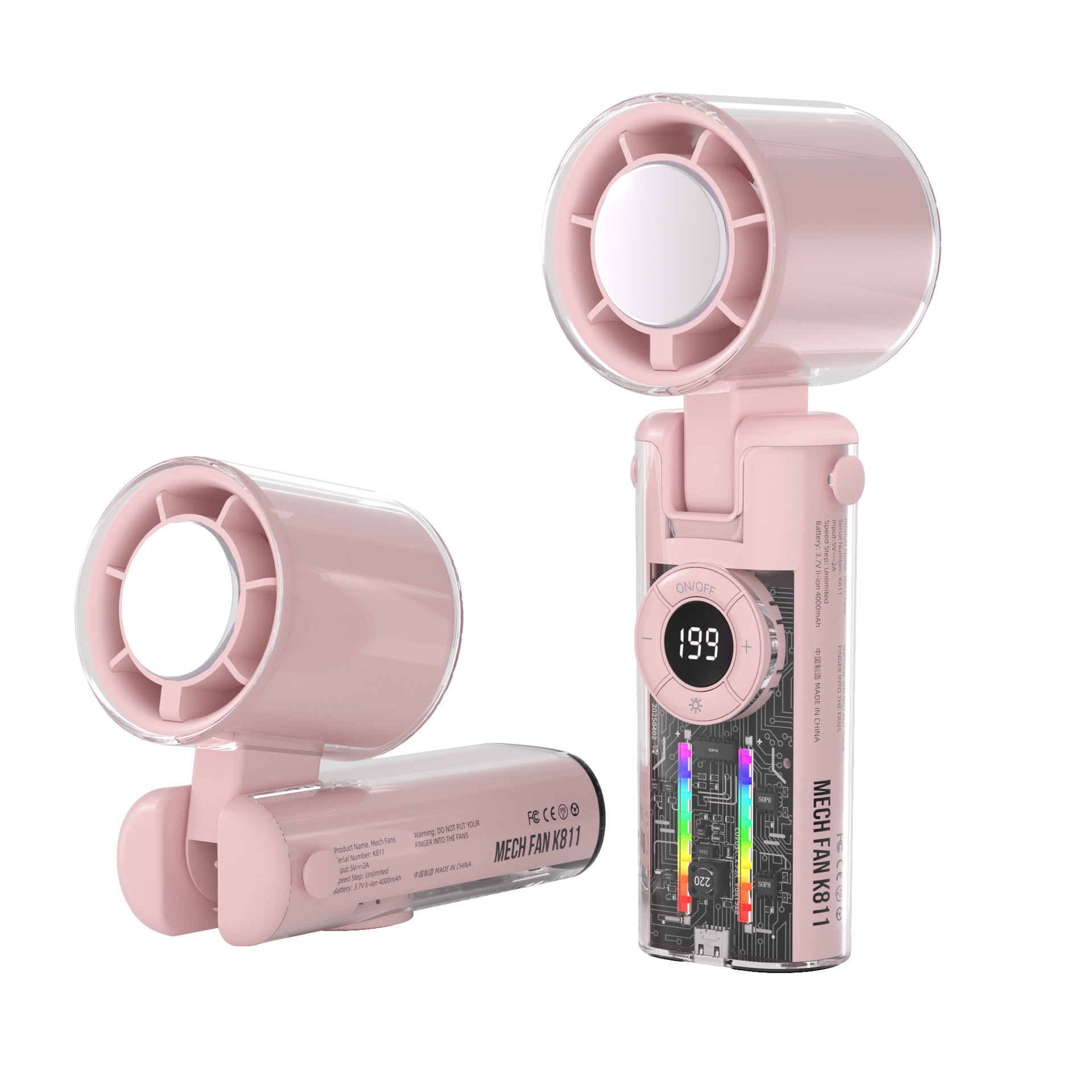 Zwei pinkfarbene Handventilatoren. Einer ist offen mit LED-Anzeige, der andere geschlossen.