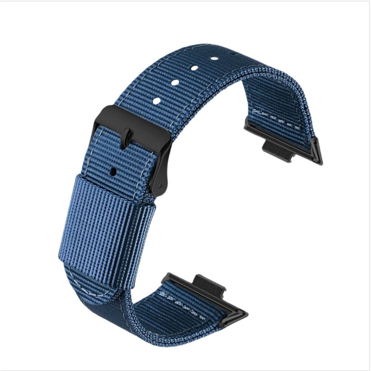 Cinturino blu con fibbia nera, vista angolata, isolato su sfondo bianco.