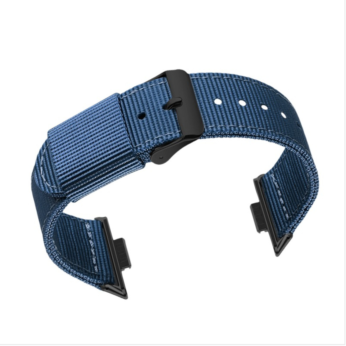 Cinturino per orologio blu intrecciato con fibbia e connettori neri, vista angolata su sfondo bianco.