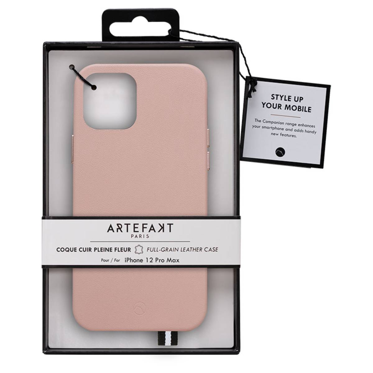 Eine hellrosa Handyhülle in einer durchsichtigen Box mit einem Etikett mit der Aufschrift "Style up your mobile".
