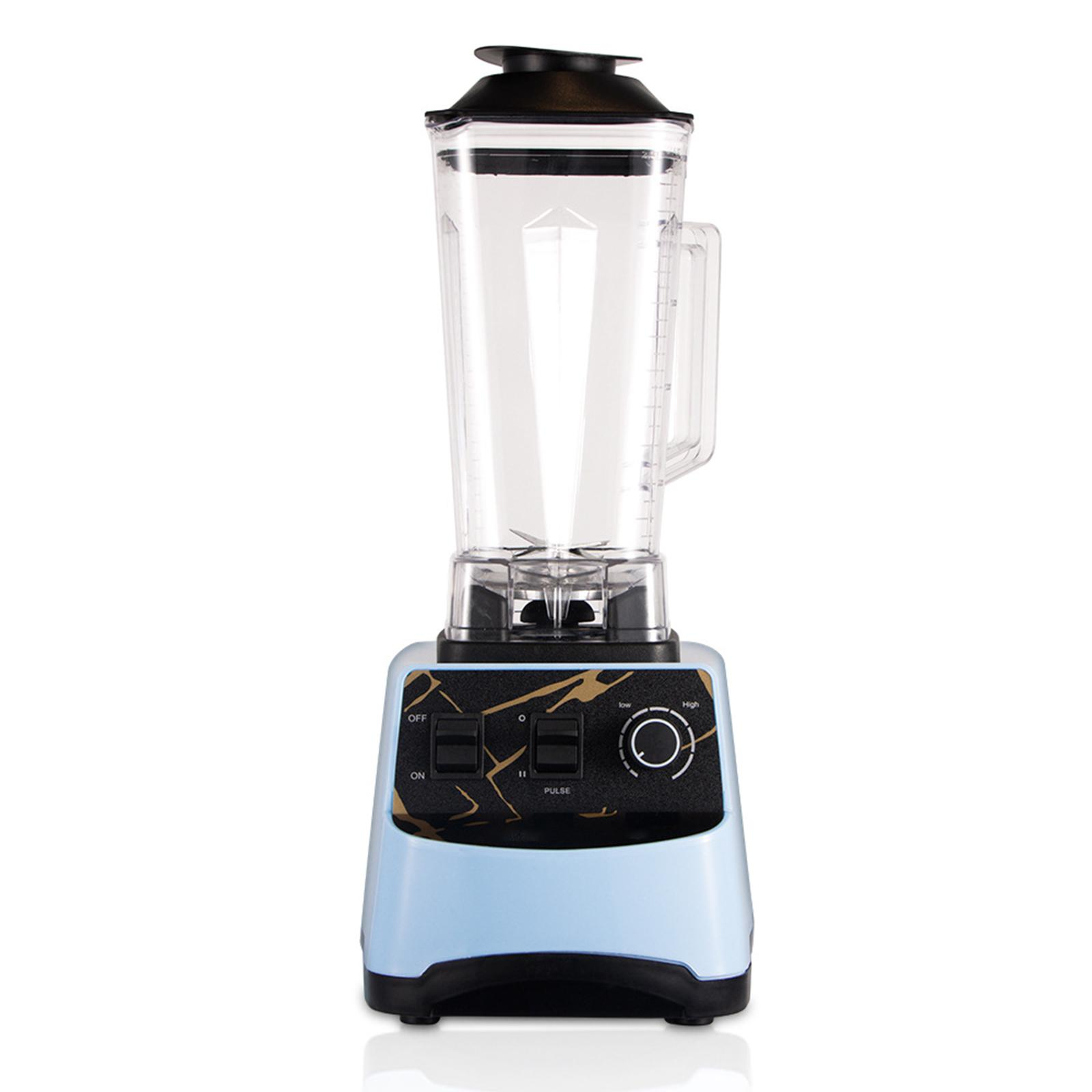 Hellblauer Mixer mit schwarzem und goldenem Design, ein transparenter Behälter mit schwarzem Deckel.