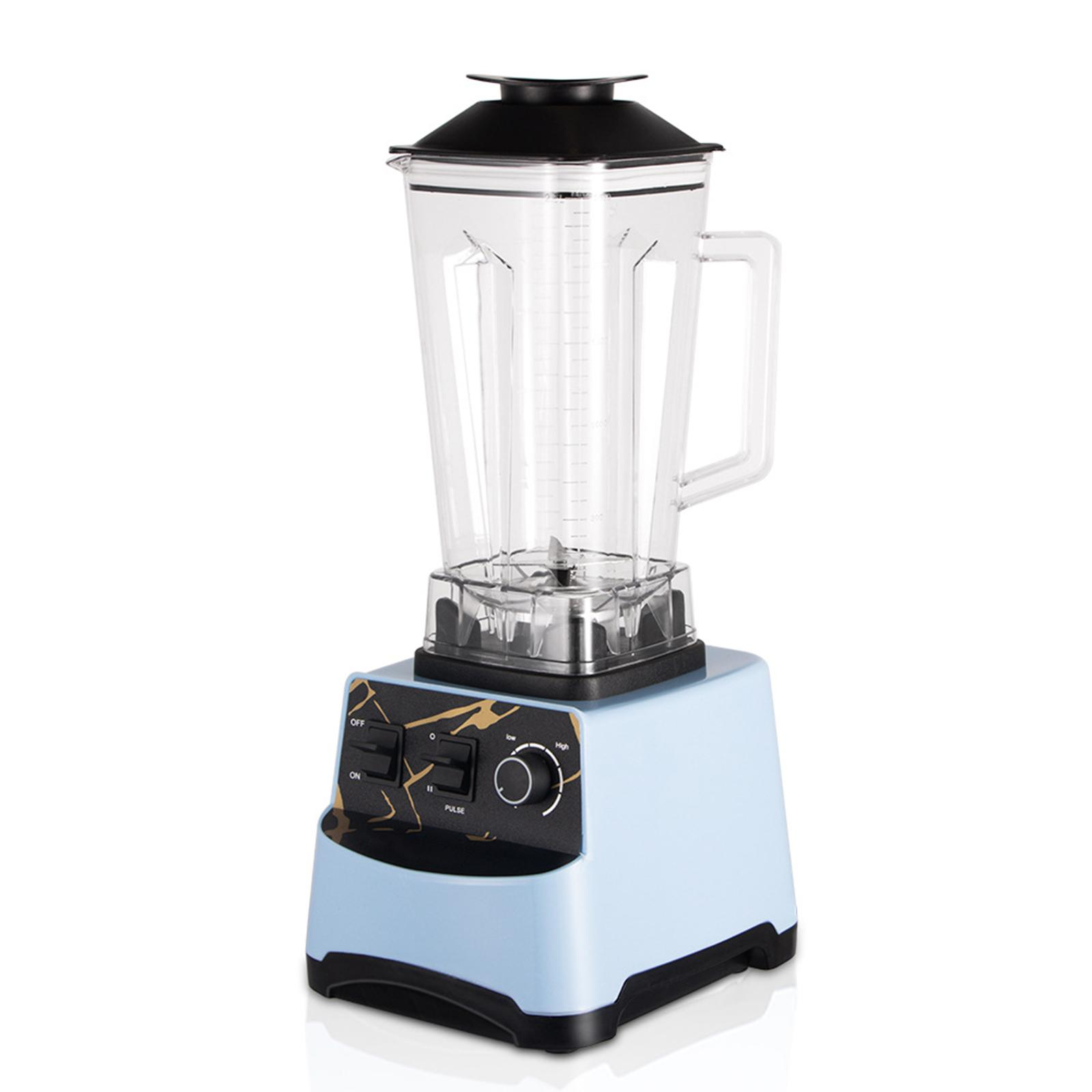 Ein hellblauer Mixer, ein durchsichtiger Kunststoffbehälter mit schwarzem Deckel, Bedienelemente vorne.