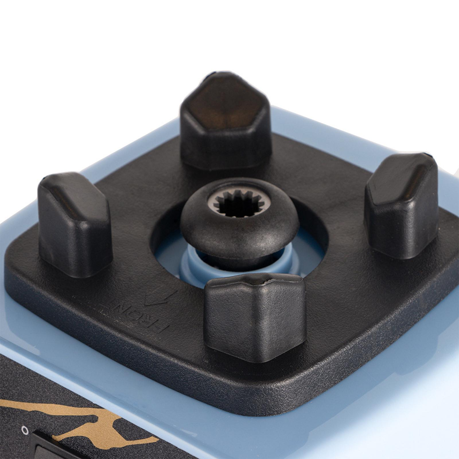 Mixer-Basis-Nahaufnahme: Vier schwarze Gummifüße und ein zentrales schwarzes Teil.