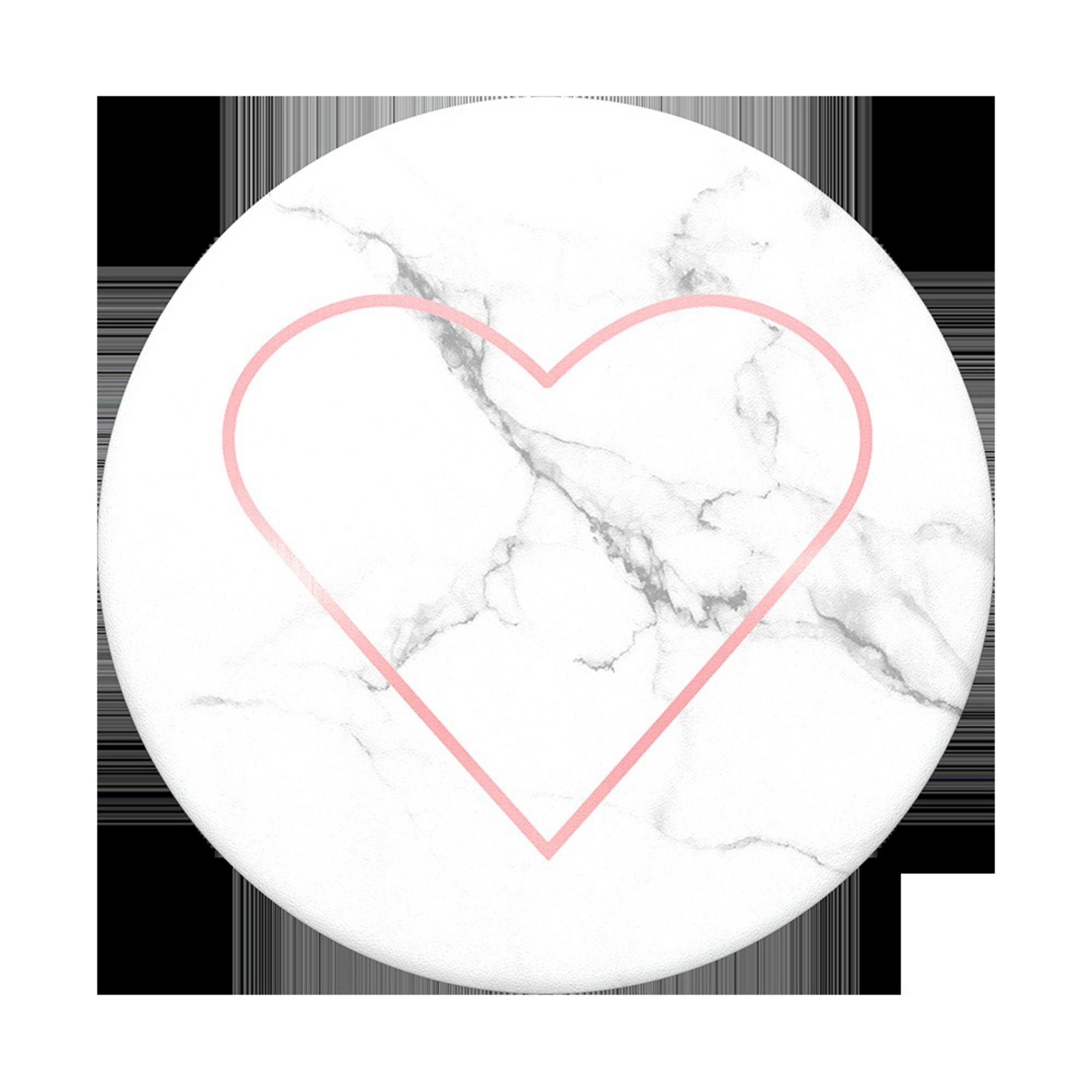 Weißer PopSocket mit rosa Herzumriss auf Marmormuster. Die PopSocket-Basis ist sichtbar.