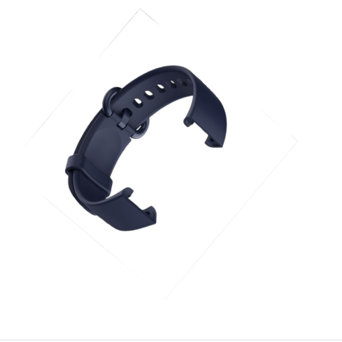 Cinturino blu scuro. È curvo e il cinturino ha dei fori. Si trova su una superficie bianca.