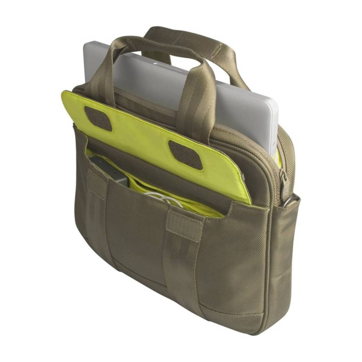 Un sac pour ordinateur portable gris et olive, ouvert pour révéler un ordinateur portable et l'intérieur jaune. Fond blanc.