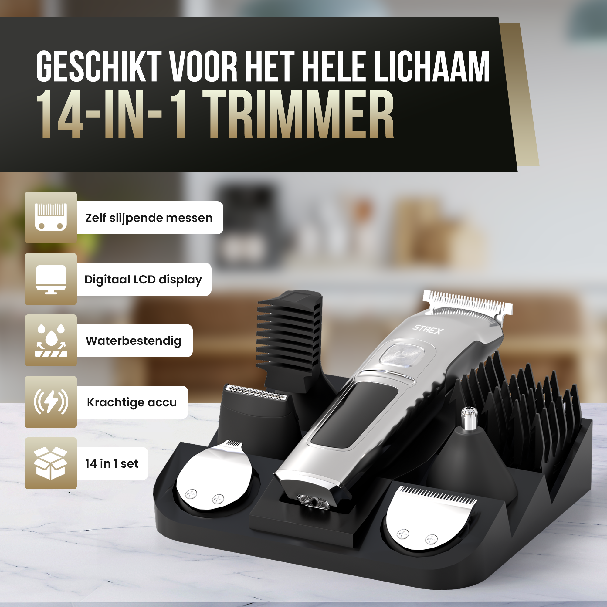 Ein 14-in-1 Trimmer-Set mit verschiedenen Aufsätzen, einem Trimmer und einer Ladestation.