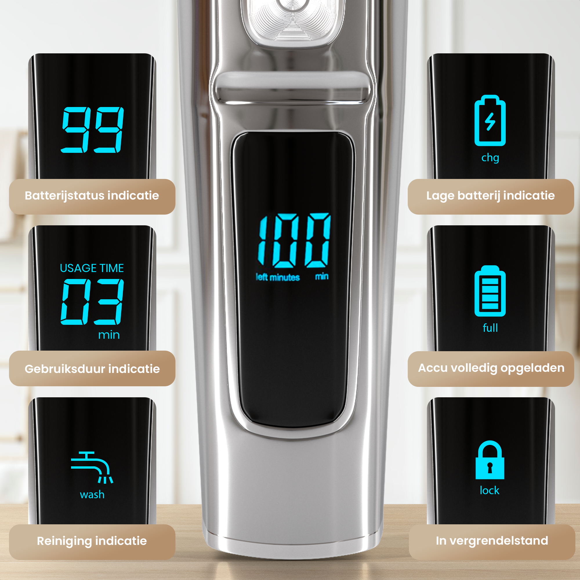 Nahaufnahme eines schwarz-silbernen Elektrorasierers, der ein digitales Display mit Batterie- und Nutzungsinformationen zeigt.