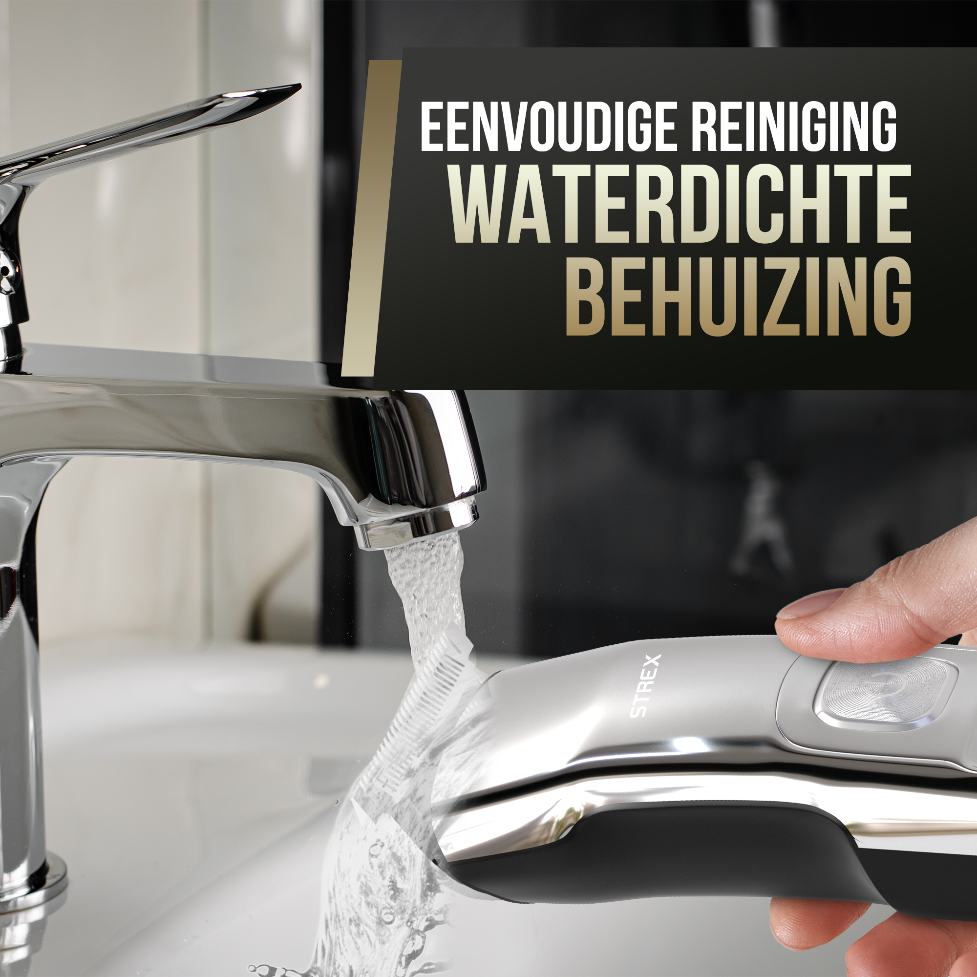 Ein silberner und schwarzer Elektrorasierer, der unter fließendem Wasser in einem weißen Waschbecken gespült wird.