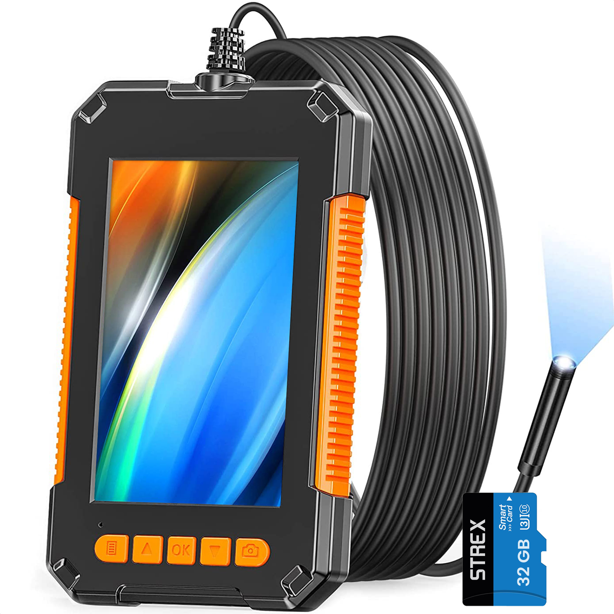 Een endoscoop met een scherm, oranje accenten en een zwarte kabel. Een geheugenkaart is aanwezig.