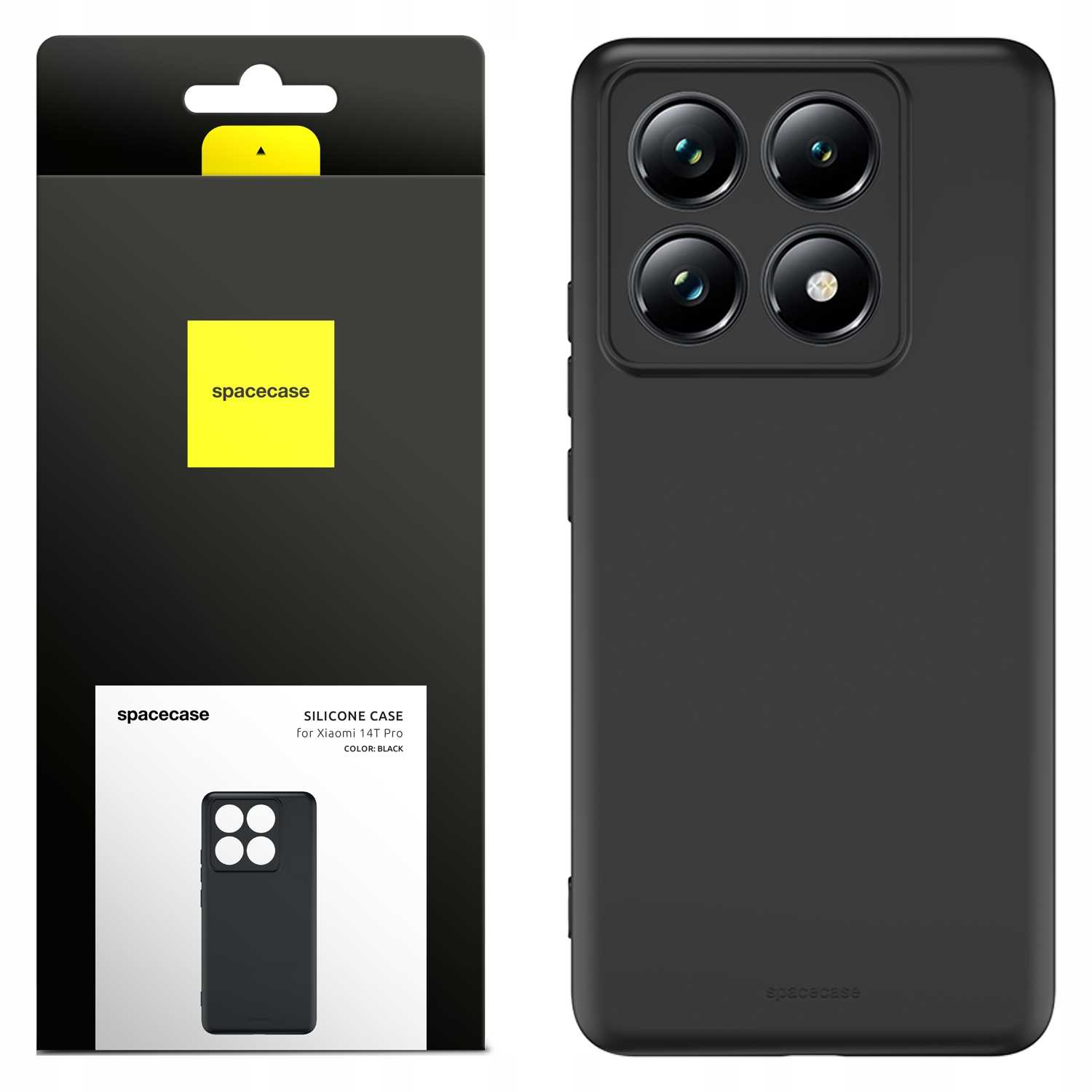 Czarne etui na telefon i opakowanie. Opakowanie zawiera logo 'spacecase'. Etui ma cztery obiektywy aparatu.