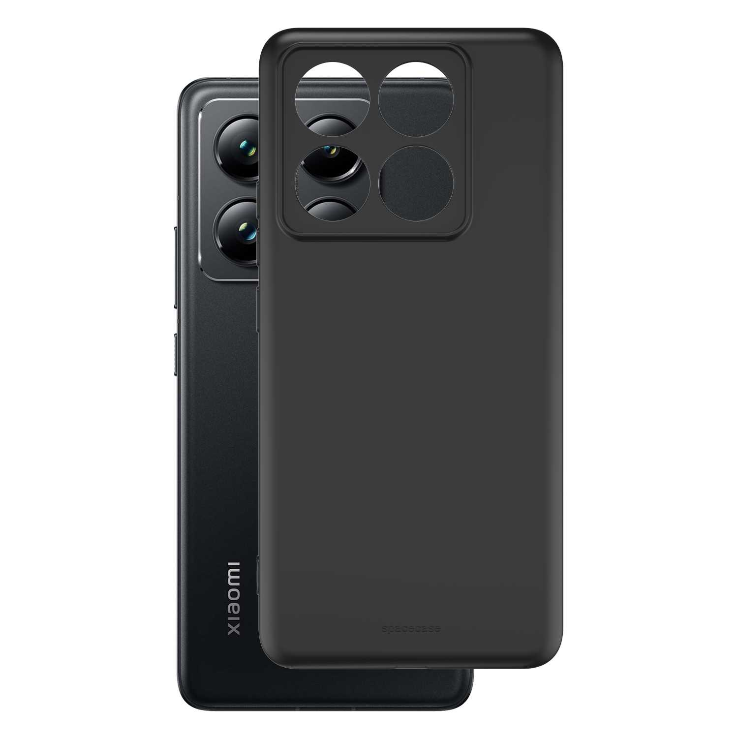 Czarny telefon z czarnym etui. Kamery i logo Xiaomi. Etui ma 'spacecase'.
