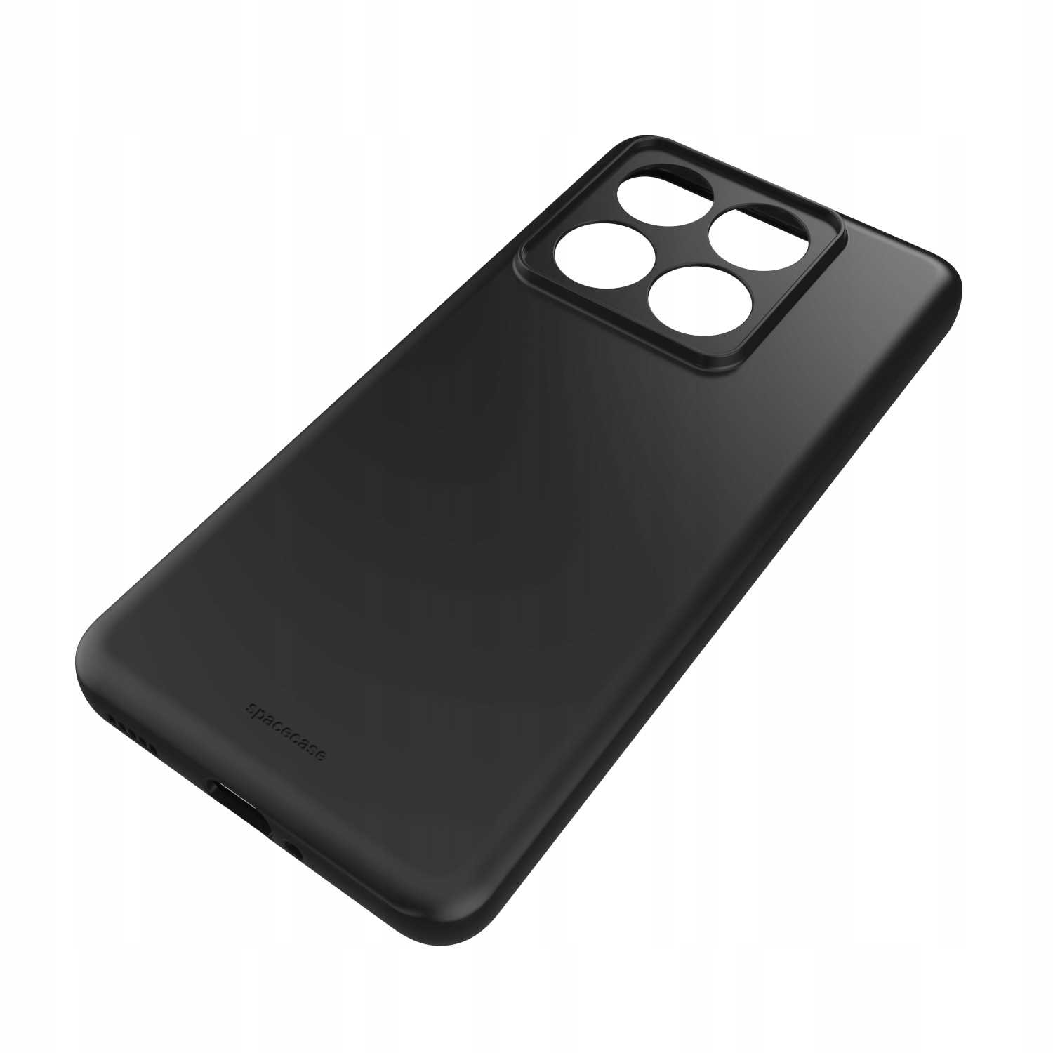 Czarne etui na telefon z czterema wycięciami na obiektywy aparatu. To elegancki, prosty design.