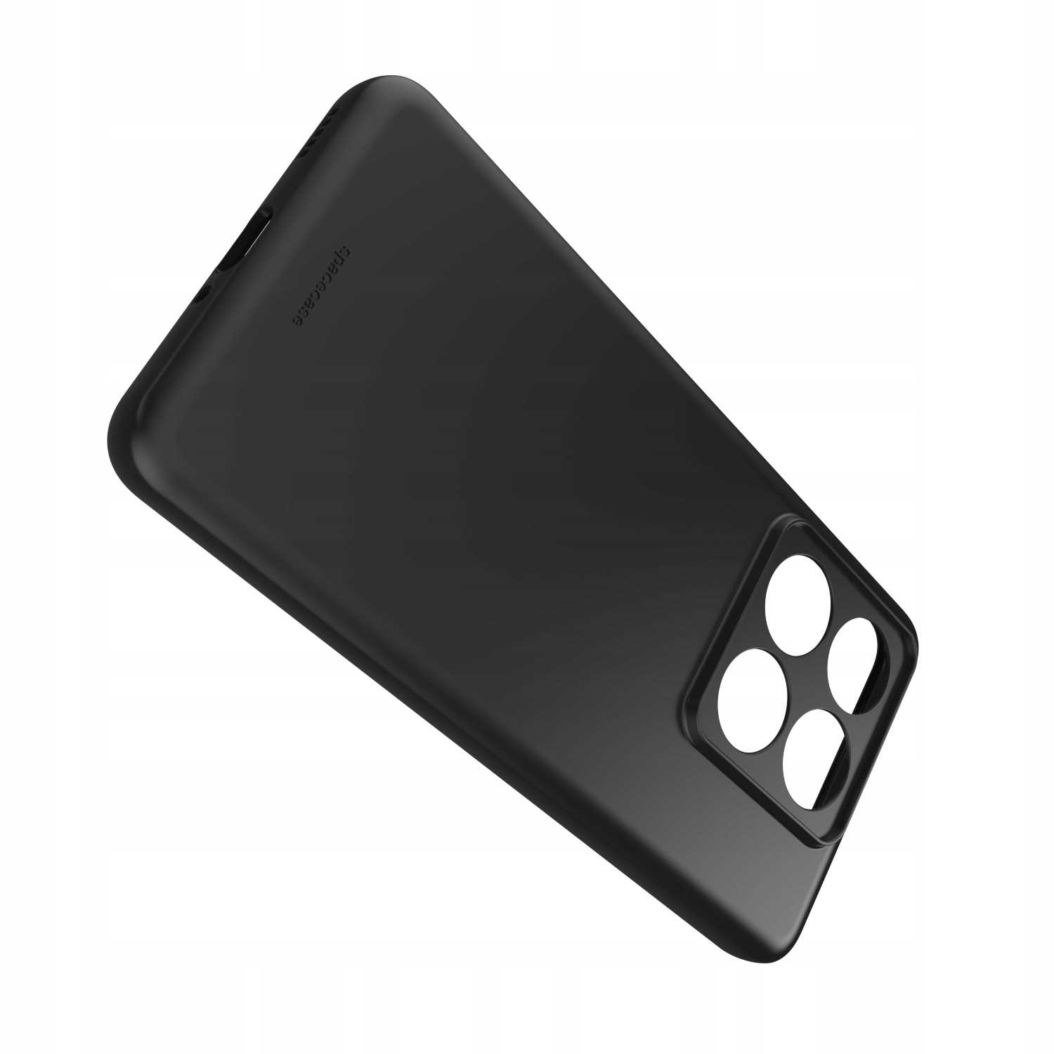 Czarne etui z wycięciami na kamery i przyciski. Widoczne logo 'spacecase'.