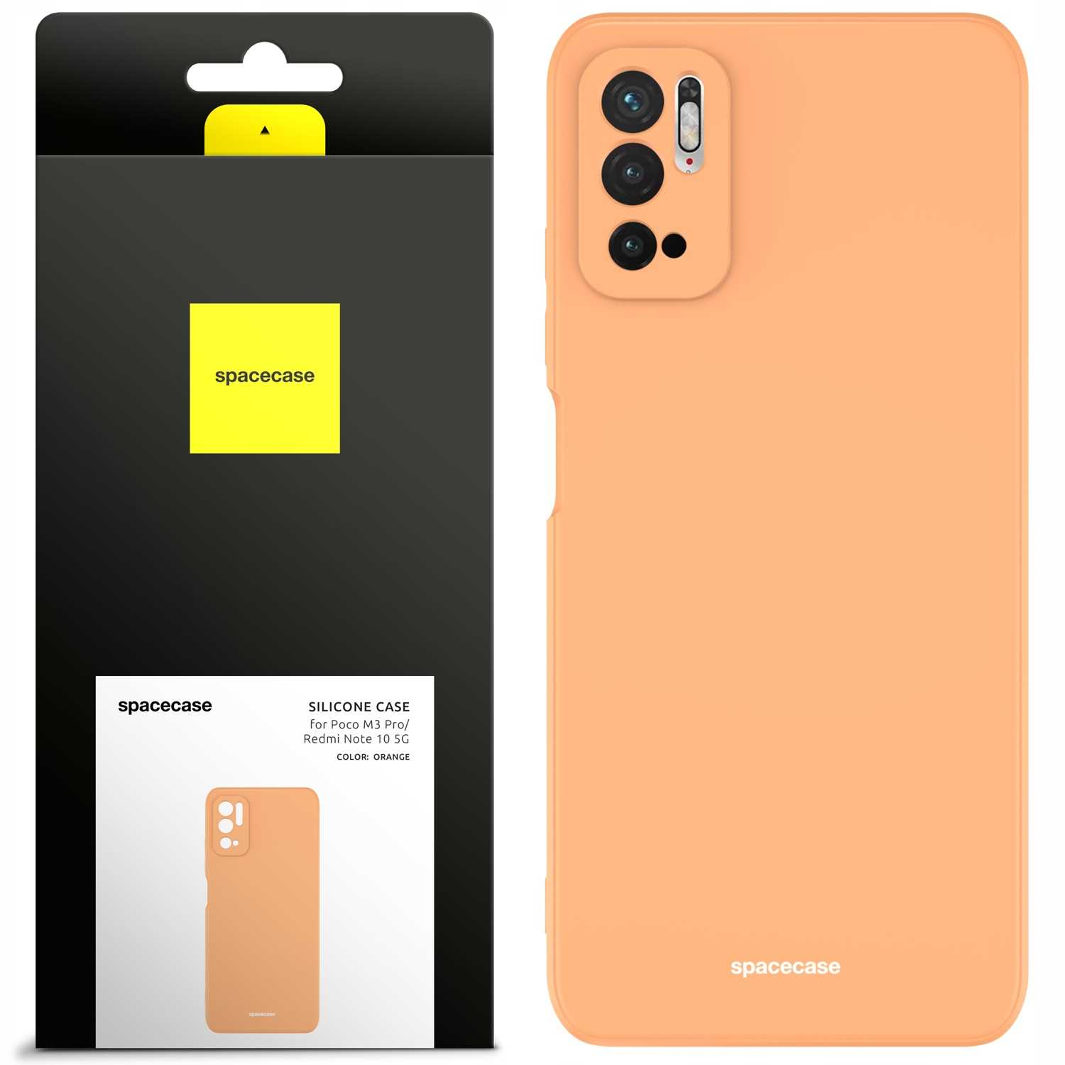 Pomarańczowe etui na telefon i opakowanie. Etui ma trzy obiektywy. Opakowanie z logo 'spacecase'.