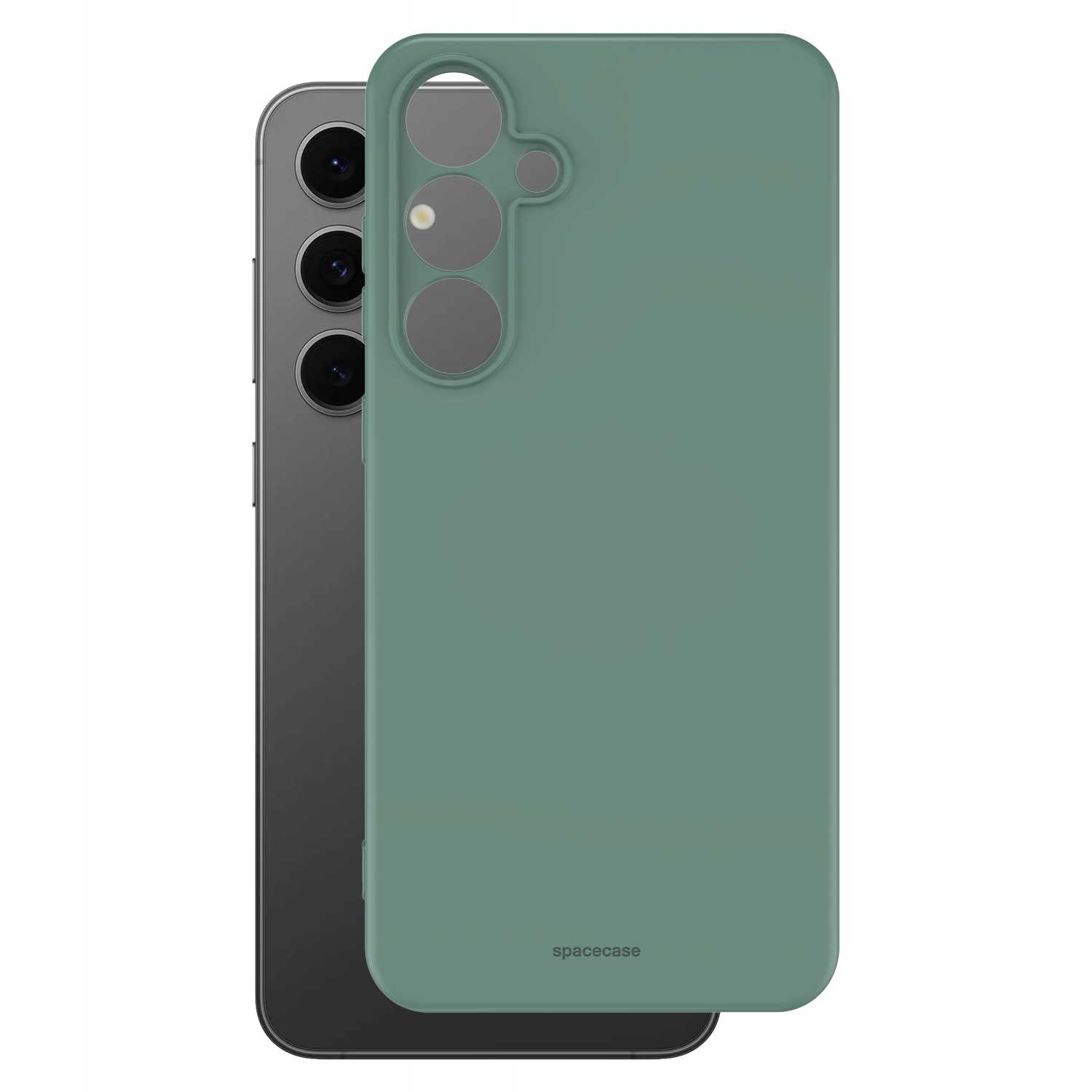 Telefon i zielone etui. Etui ma logo 'spacecase'. Telefon ma kamery.