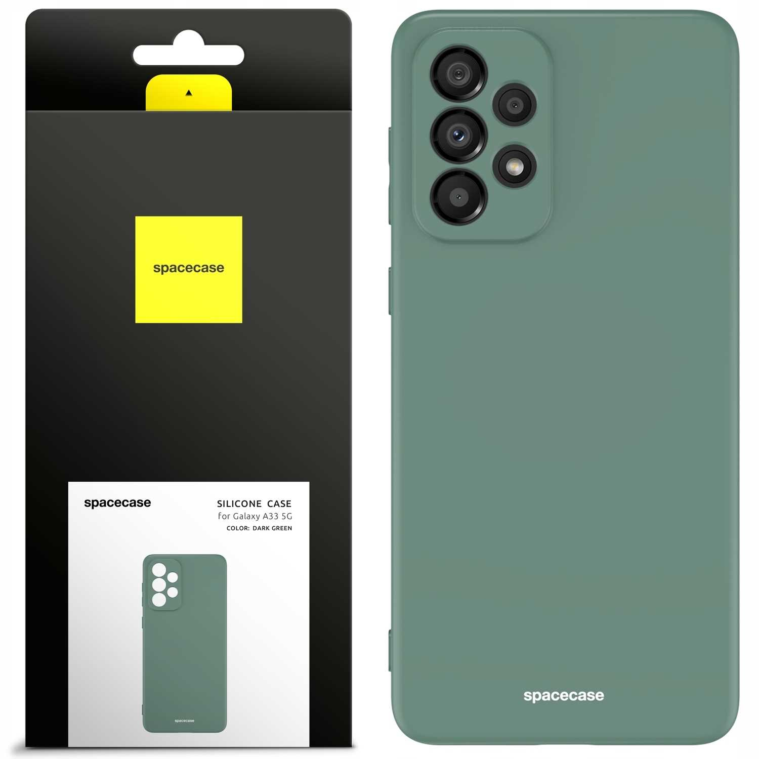 Ciemnozielone etui na telefon i opakowanie. Etui ma trzy obiektywy i logo 'spacecase'.