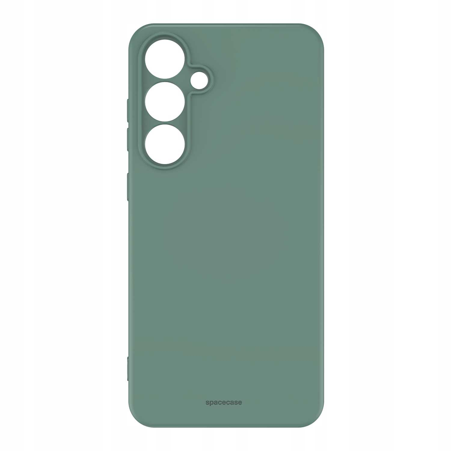 Zielone etui na telefon z trzema obiektywami. Proste i eleganckie, z logo 'spacecase'.