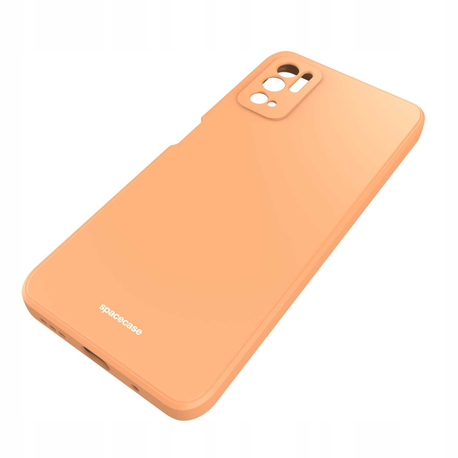 Pomarańczowe etui na telefon z otworami na aparat, leżące na białej powierzchni.