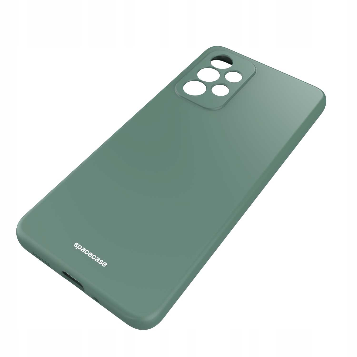 Zielone etui na telefon z otworami na aparat, leżące na białej powierzchni.