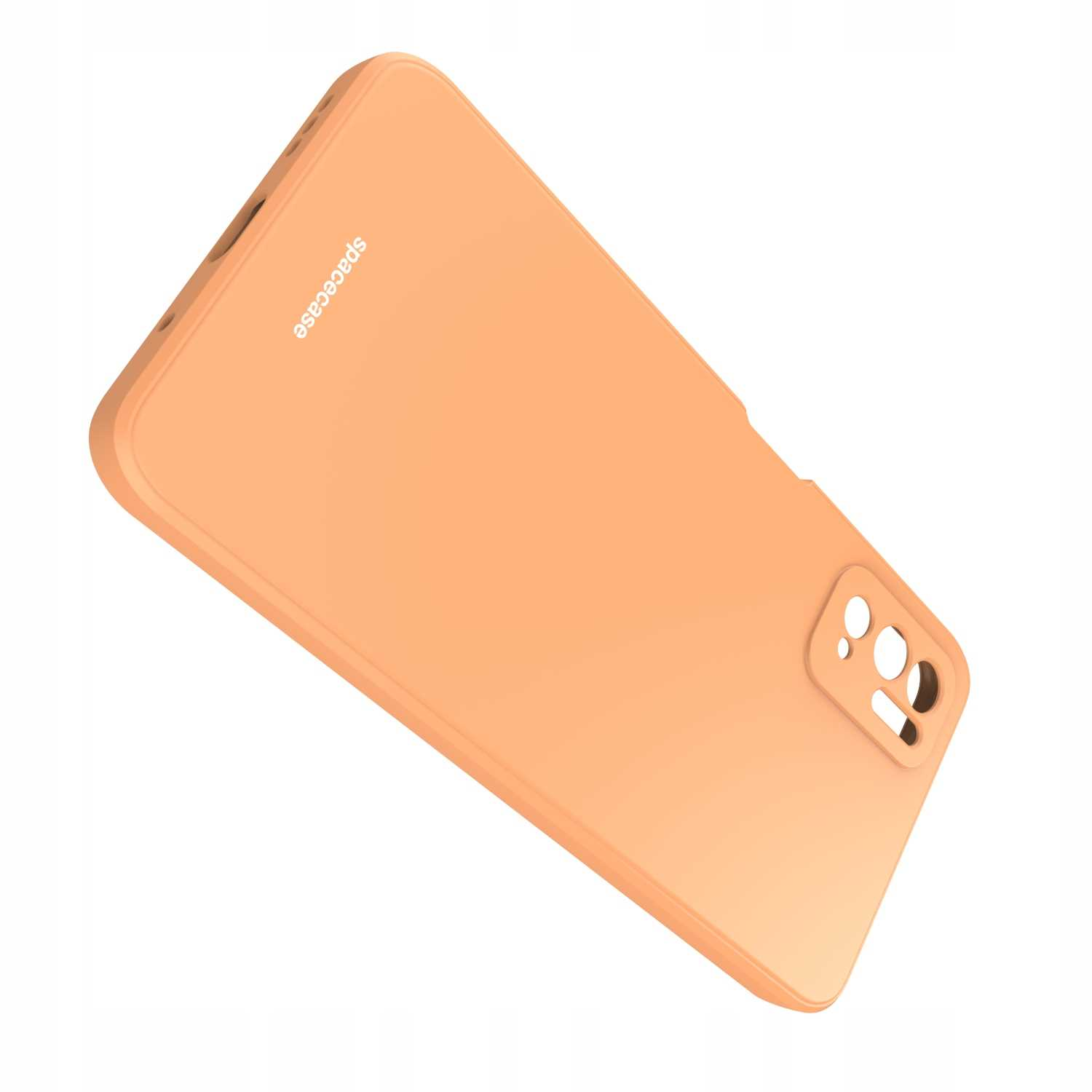 Pomarańczowe etui z wycięciami na aparat i marką 'spacecase' w lewym górnym rogu.