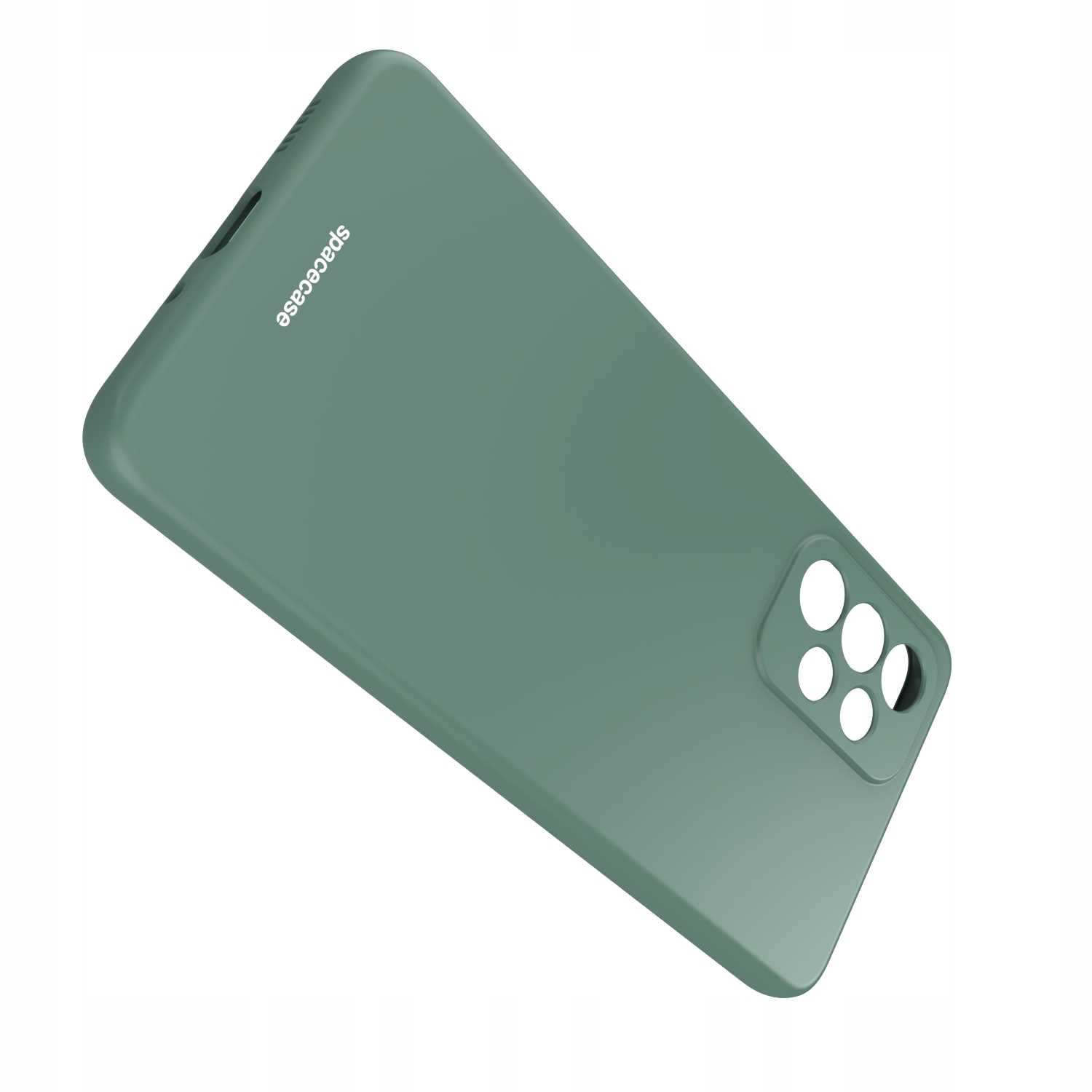 Zielone etui na telefon z otworami na aparat, pod kątem na białym tle.