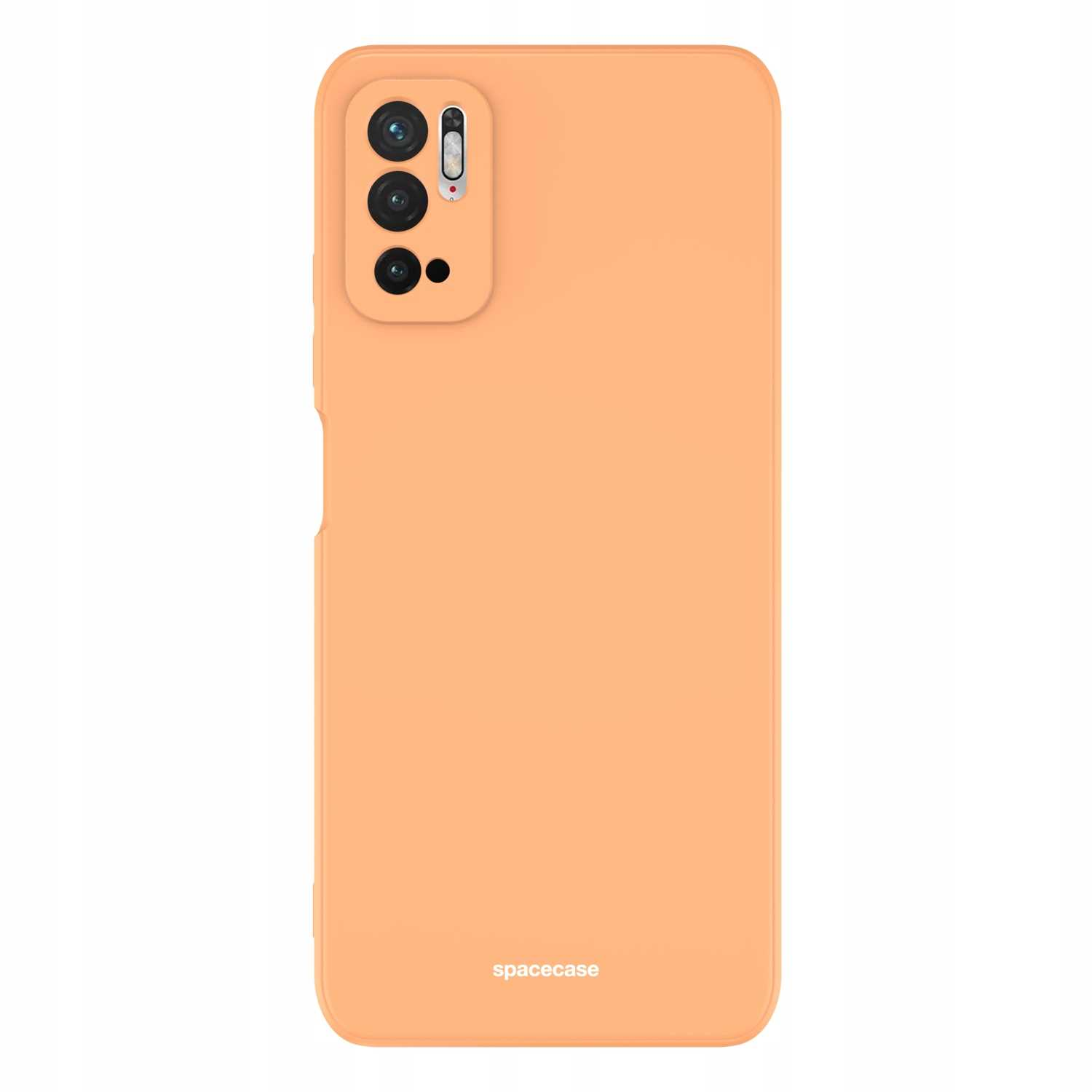 Pomarańczowe etui z wycięciami na aparat. Marka 'spacecase' na dole.