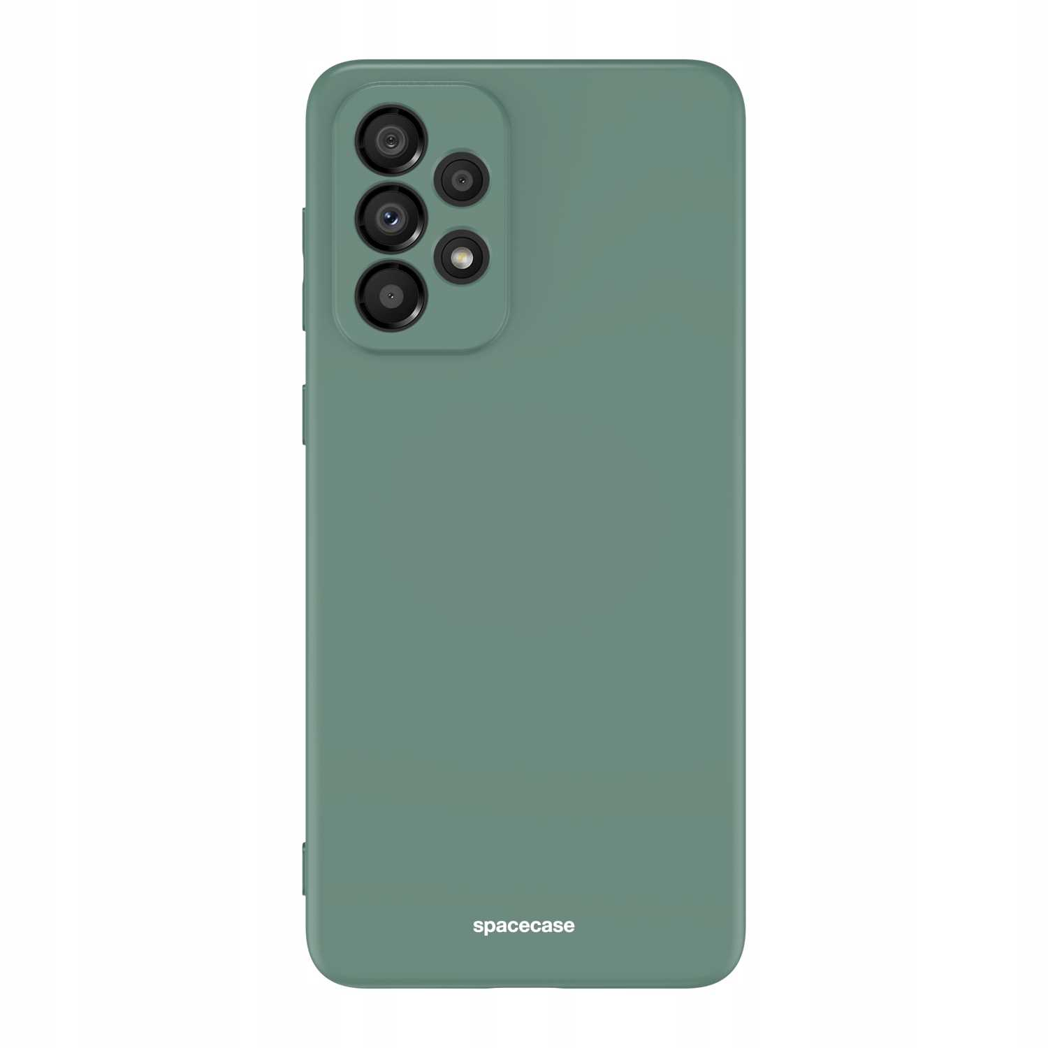 Zielone etui z wieloma wycięciami na aparat. Marka 'spacecase' na dole.