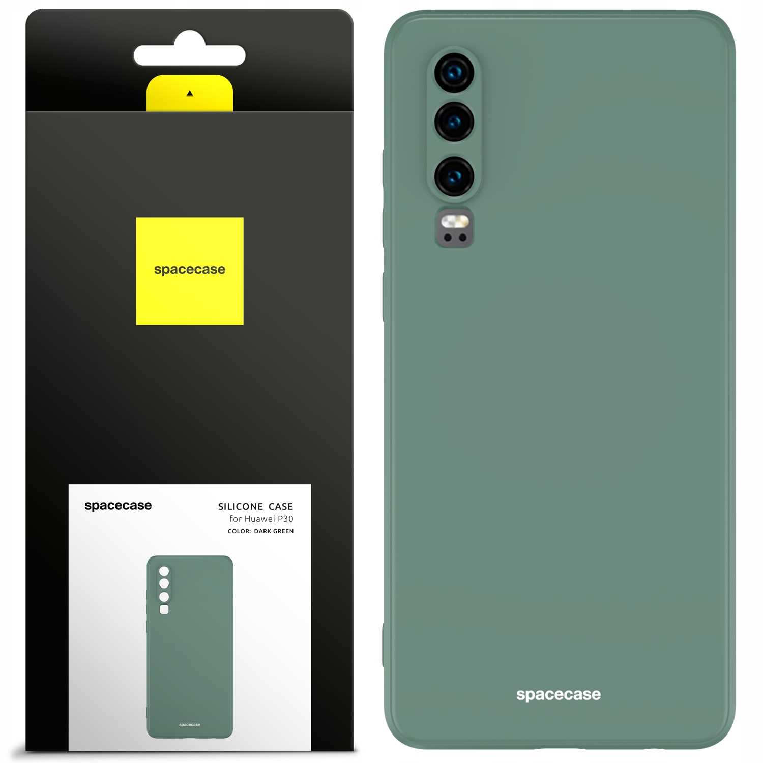 Ciemnozielone etui na telefon i opakowanie. Etui jest do Huawei P30. Pudełko ma logo marki.