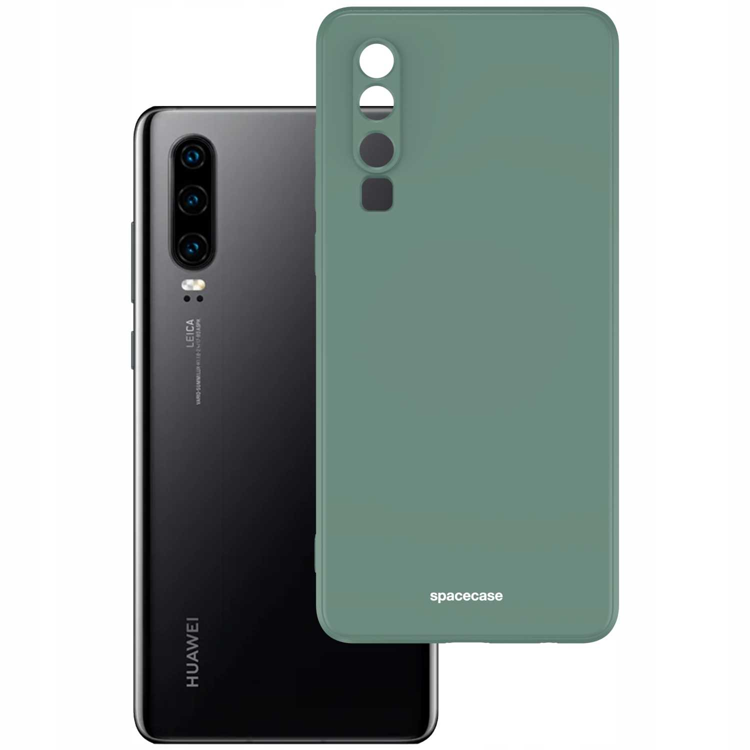 Telefon i zielone etui z napisem 'spacecase' na białym tle.