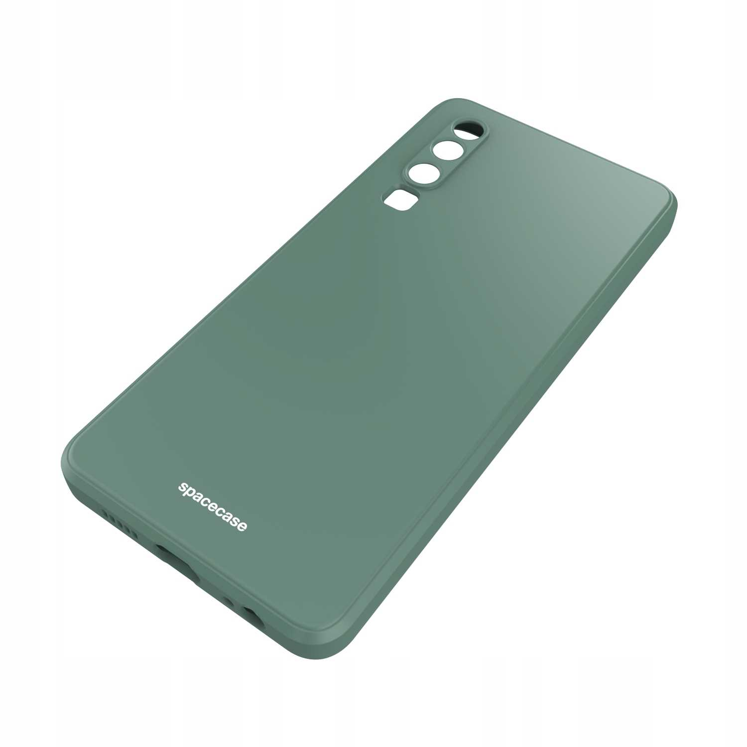Zielone etui na telefon z trzema otworami na aparat. Nazwa marki jest na dole.