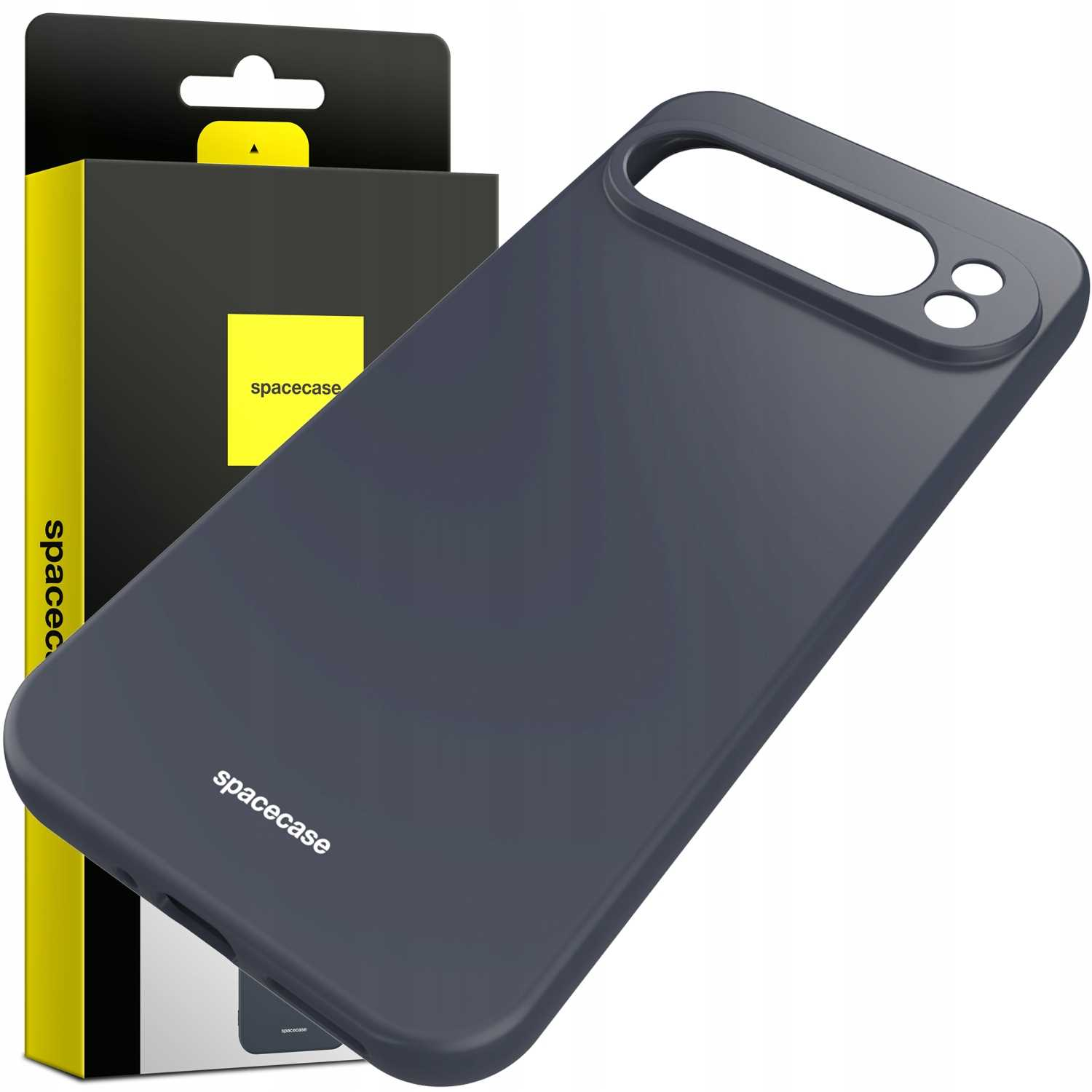 Niebieskie etui na telefon z pudełkiem. 'spacecase' na pudełku i etui.