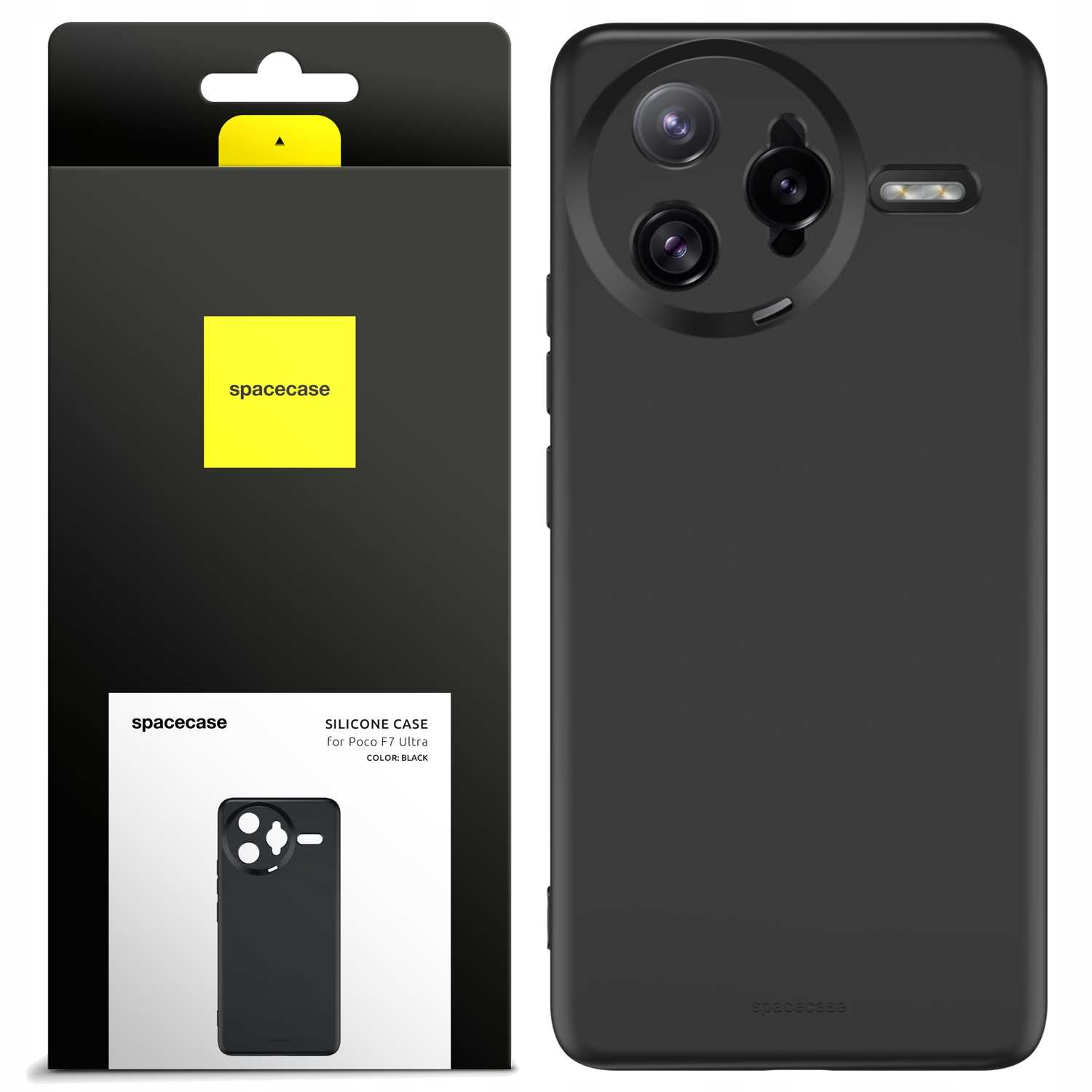 Czarne etui na telefon z opakowaniem. Etui ma unikalny design aparatu, a opakowanie ma logo marki.