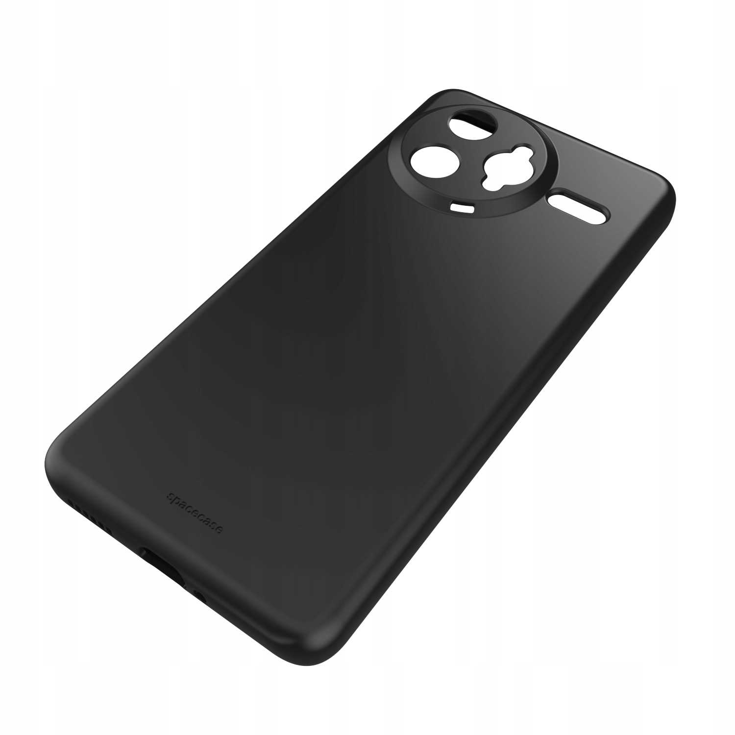 Czarny futerał na telefon z wycięciem na aparat. Etui jest pod kątem.