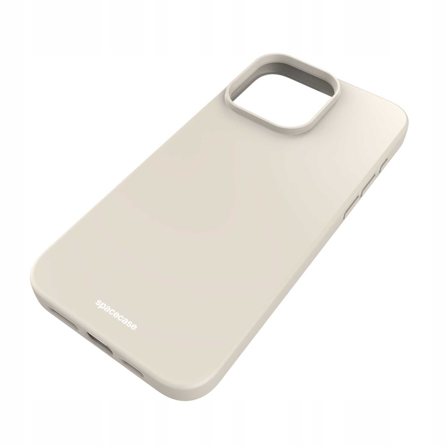 Beżowe etui na telefon z wycięciem na aparat. Etui jest pod kątem.
